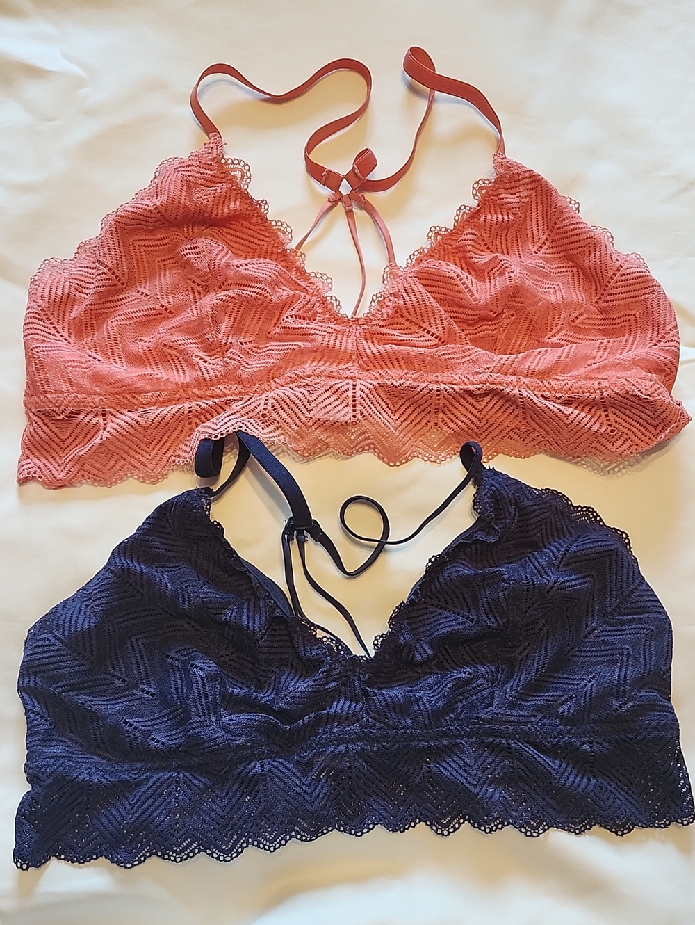 Jasmine & Ginger Coral and Navy Lace Bralette Pair